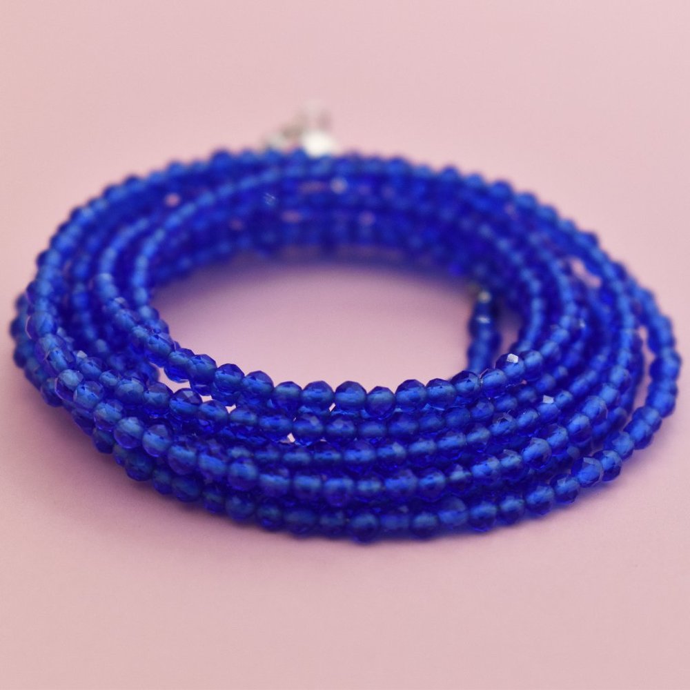 Super long electric blue faceted gemstone bead necklace handmade, unique jewelry